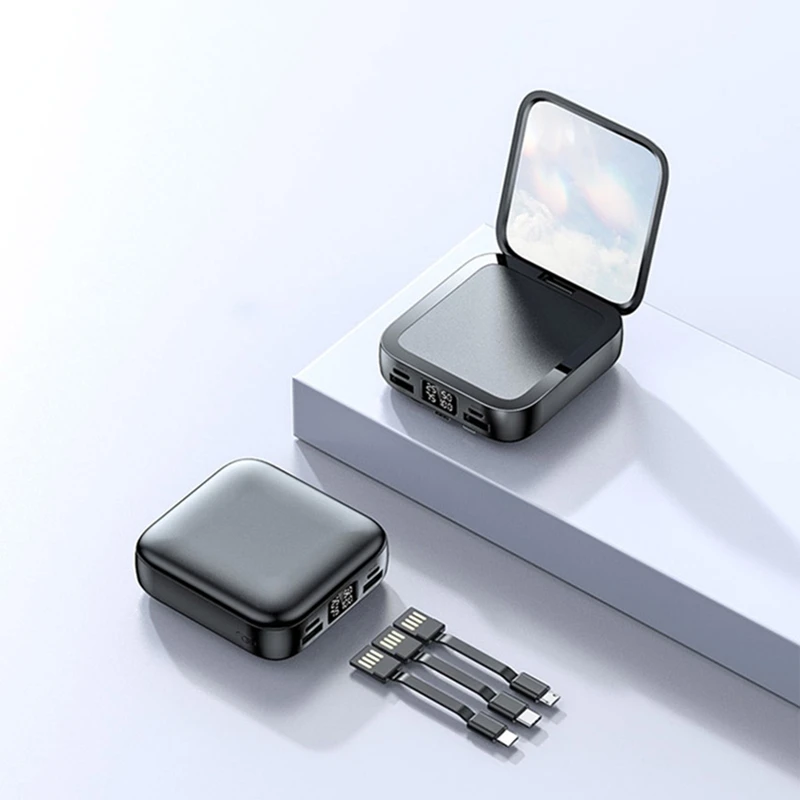 20000mAh Power Bank with Makeup Mirror Detachable Digital Display External Battery Built in Cable for iPhone Samsung