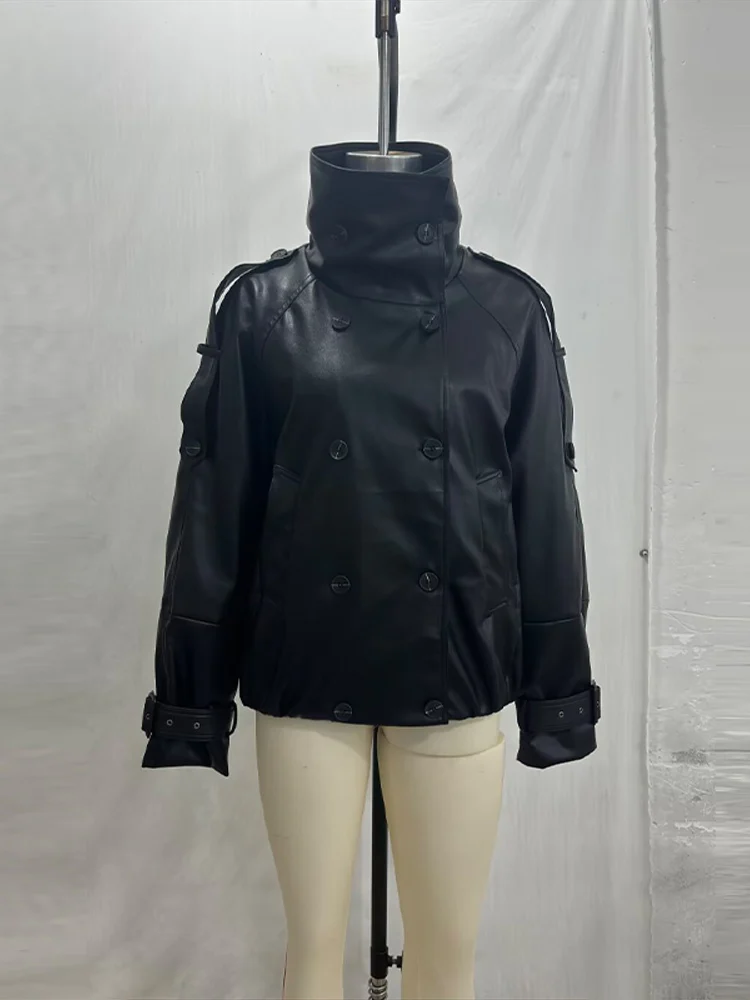 Damen Kunstlederjacken mit Stehkragen, Epauletten, Doppelreihig, Lange Ärmel, Oversize-Mäntel, Schicke Damen-Oberbekleidung in Unifarben – Detail 3