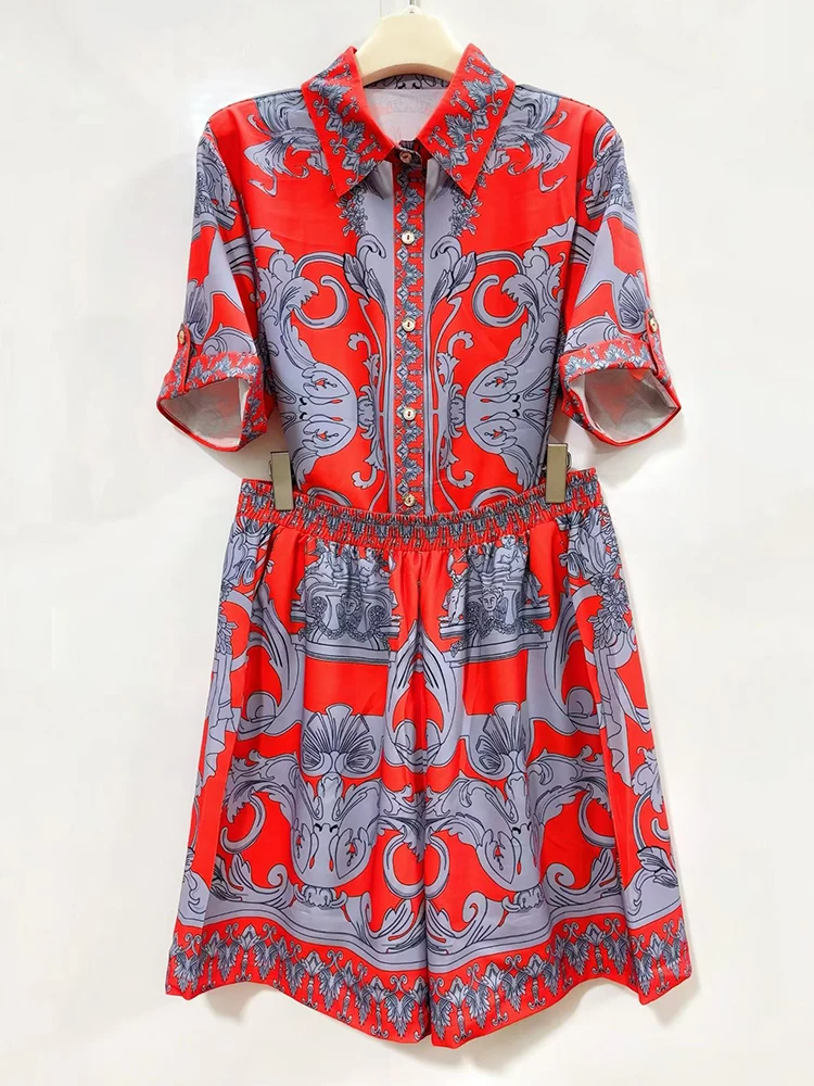 Designer retro geometric print lapel short-sleeved shirt two-piece 2026 summer women's dress+loose cropped pants fashion suit