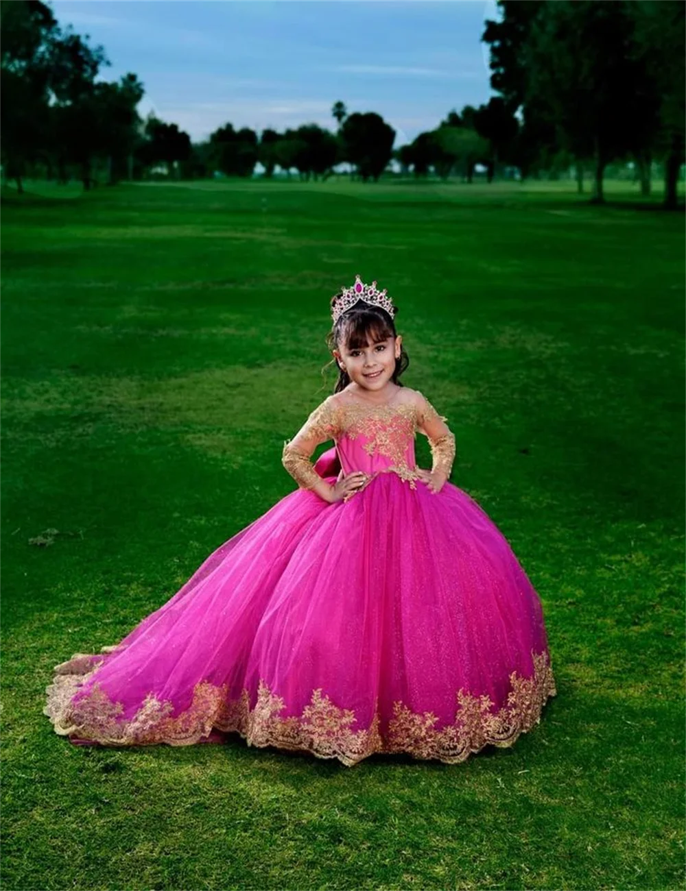 Hot Pink Gold Appliqué Elegant Baby Wedding Girl Dresses 2024 For Birthday Prom Party Custom Elegant Evening Gown