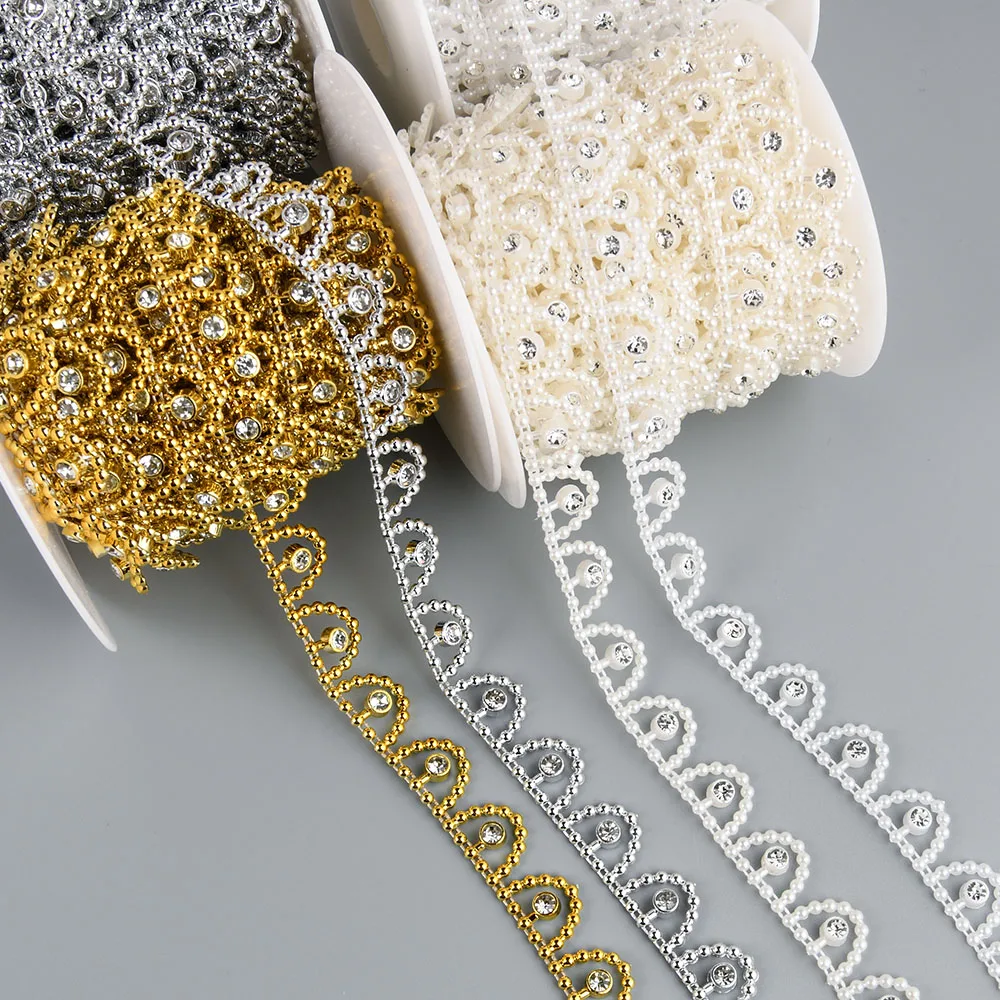 1 Yard 14mm Width ABS Flatback Imitation Pearl Beads Chain with Round Rhinestone Sewing Trim Wedding Clothes Cake Decoration Diy