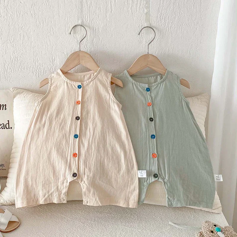 

Новый летний комбинезон для девочек 2026 года, без рукавов, из хлопка, однотонный, для новорожденных девочек, 0-24 месяца, детская одежда