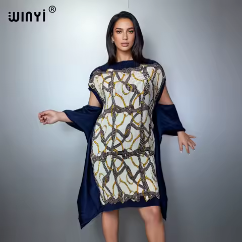 WINYI boho Africa Pleated Elastic slim short dress casual beach cover up muslim woman abaya dubai luxury holiday evening dress