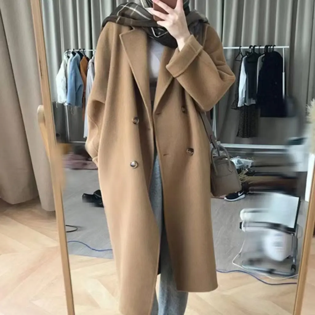 

Верблюжье двойное кашемировое пальто для женщин, новая двубортная свободная шерстяная модная верхняя одежда средней длины, сшитая вручную