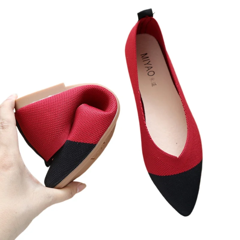 Casual Knitted Flat Shoes Women Pointed Toe Soft Sole Single New Simple Splicing Shallow Mouth Comfort House Shoes 2024