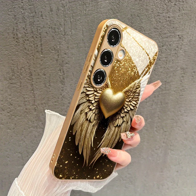 Double wing golden heart-shaped pattern glass phone case suitable for Samsung Galaxy S26 S25 S24 S22 S21 S20 FE/Ultra/Plus view 3