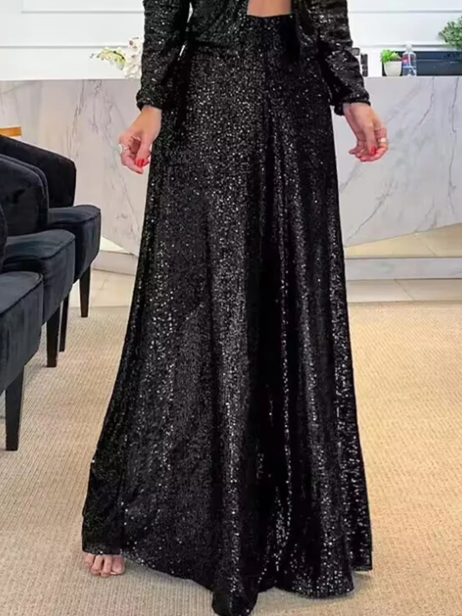 Sequin Decor High Waist Wide Leg Flared Long Pants