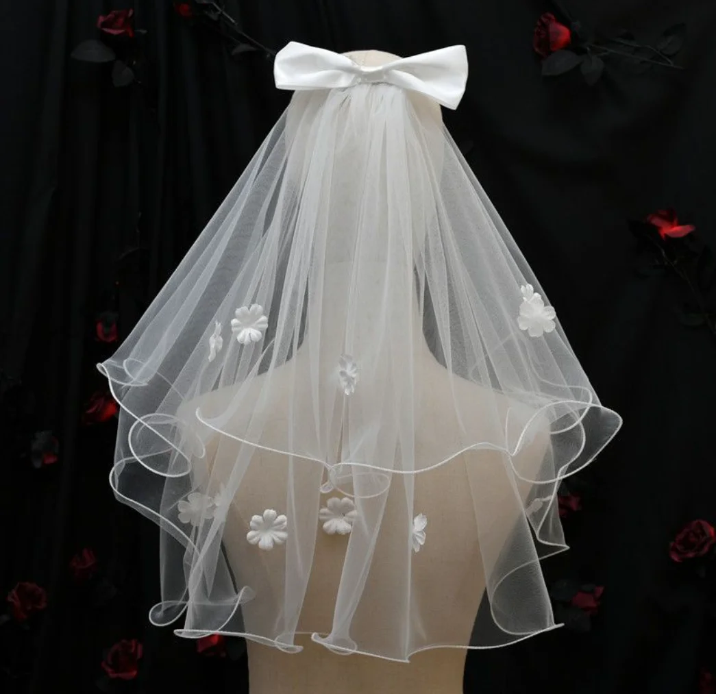 Elegant Wedding Veils For Bride 2 Tier Ribbon Tulle Pearls Bow Short Bridal Veils Headdress Bride To Be Veil With Clip