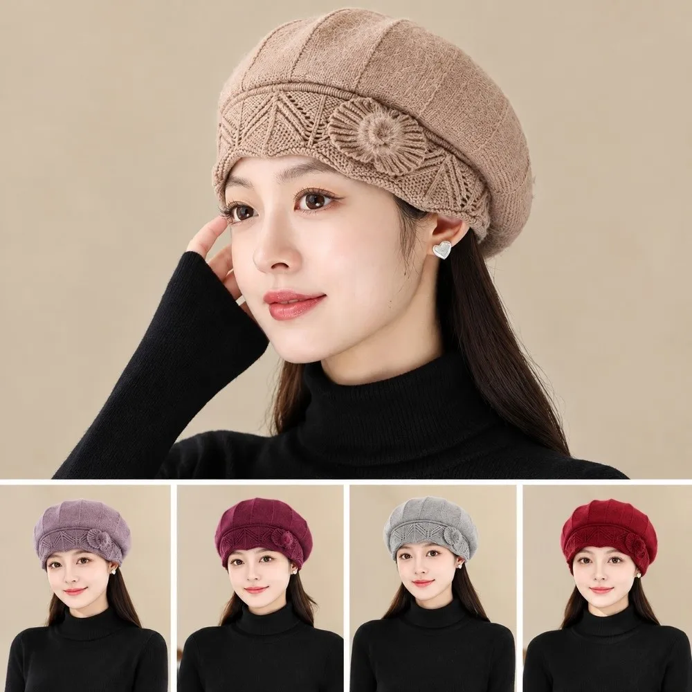 Elastic Knitted Hat Elderly Women Middle Aged Winter Beanie Thick Fleece Warm Cap Daily Wear