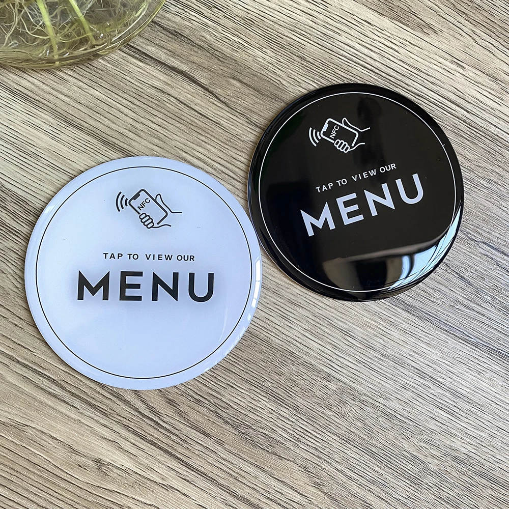 3.93inch Round Shape Black White NFC Menu Plate Sticker Quick link to your Digital Menu