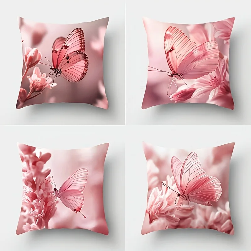 4pcs Pink Butterfly Floral Pillow Covers Comfortable Fashionable Zipper Cushion Cases for Sofa Bedroom Home Decor Insert Not