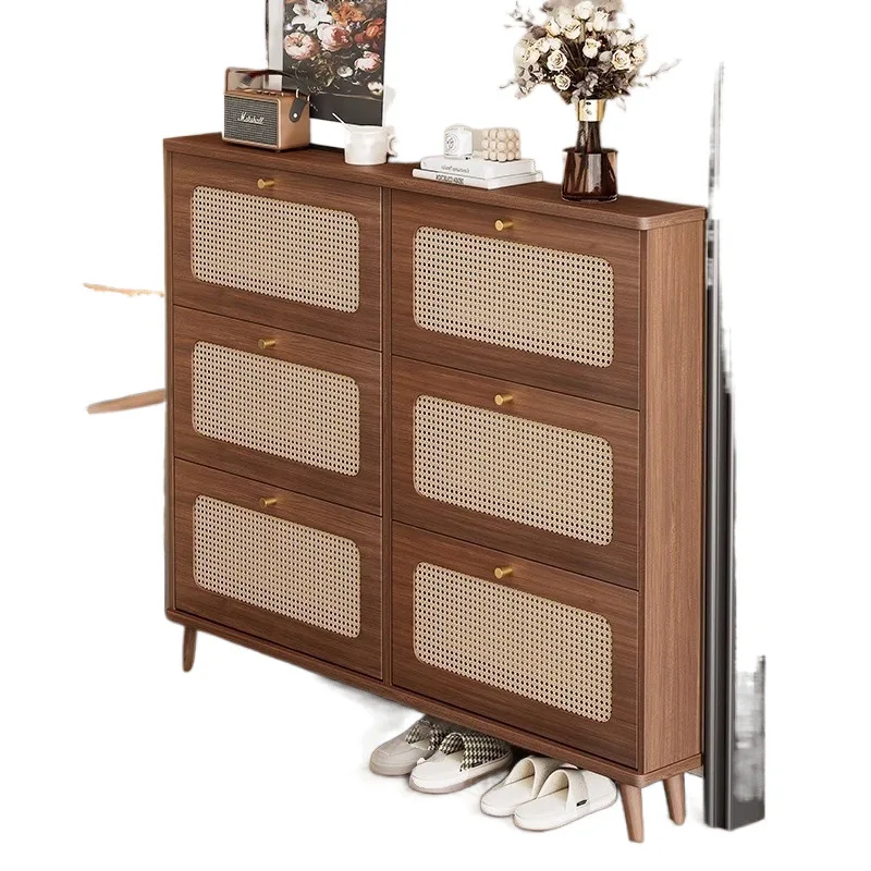 Scarpiera in rattan di noce in stile retrò, armadietto per la casa sulla porta