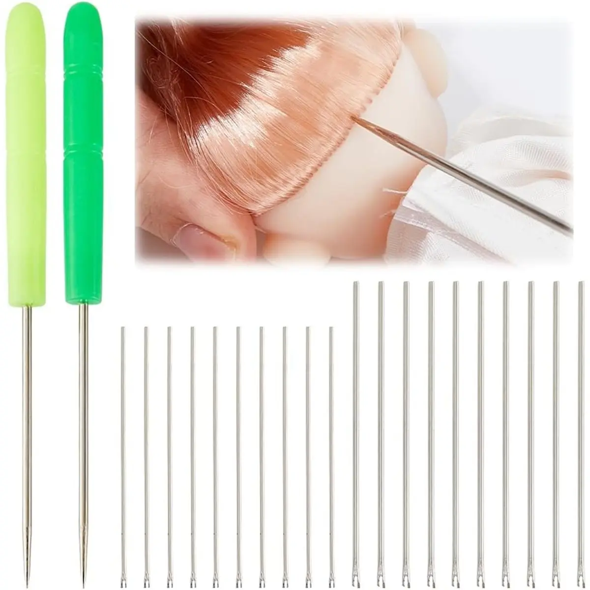 Budget-Friendly-Doll Hair Rooting Holders Including 2Pcs Reroot Rehair Tools and 20Pcs Stainless Steel 1.27-1.6 Inch Doll Wig To