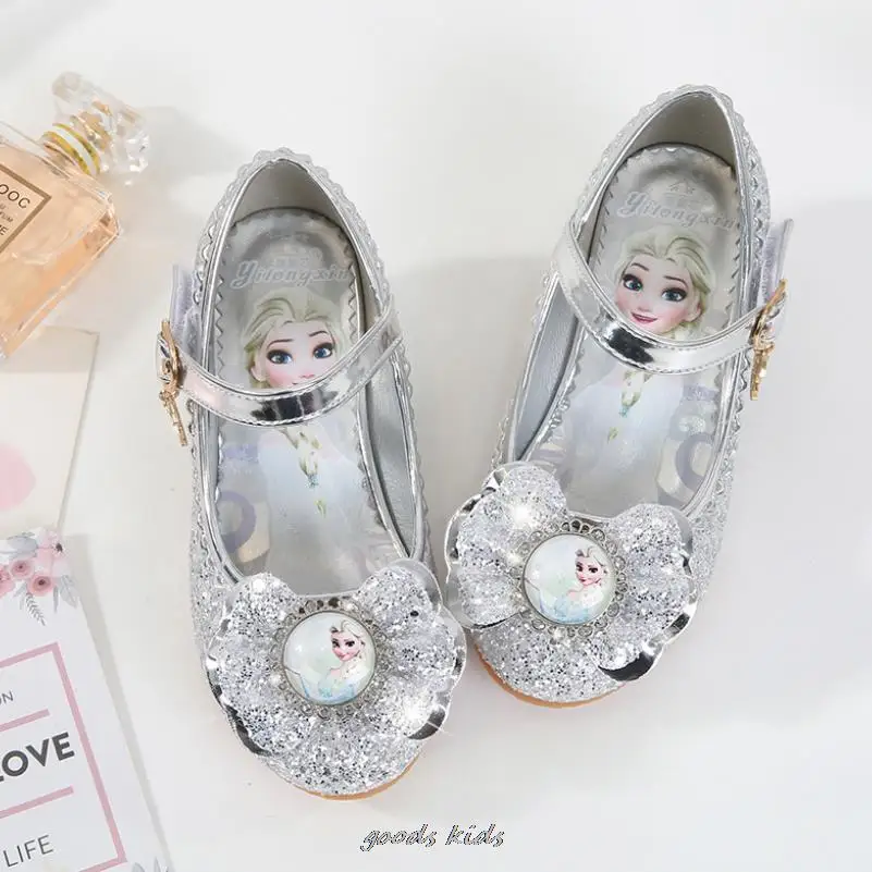 Disney New Children Elsa Party Leather Sandals Girls PU High Heel Kids Shoes For Girl Single Shoes Dance Dress Shoes Gift