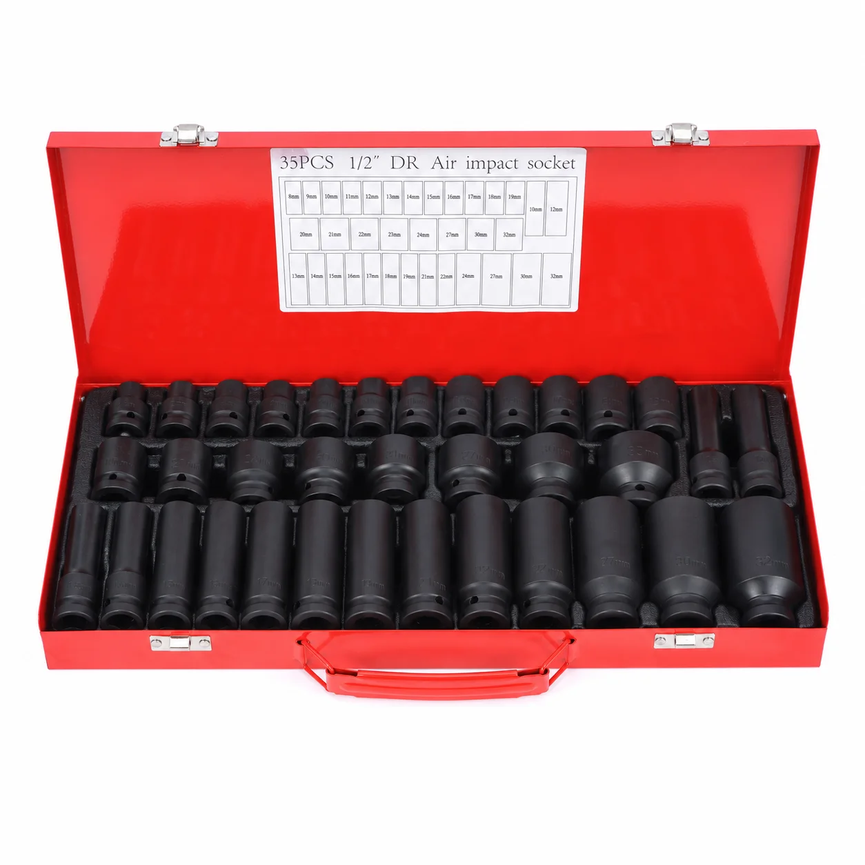 Image of 35-teiliger 1/2-Zoll-Steckschlüsselsatz - Umfassendes Auto-Reparatur-Werkzeugset mit langen & kurzen Steckschlüsseln, Druckluftkanone, Sechskant-Verlängerungen und Drehwerkzeug für mühelose