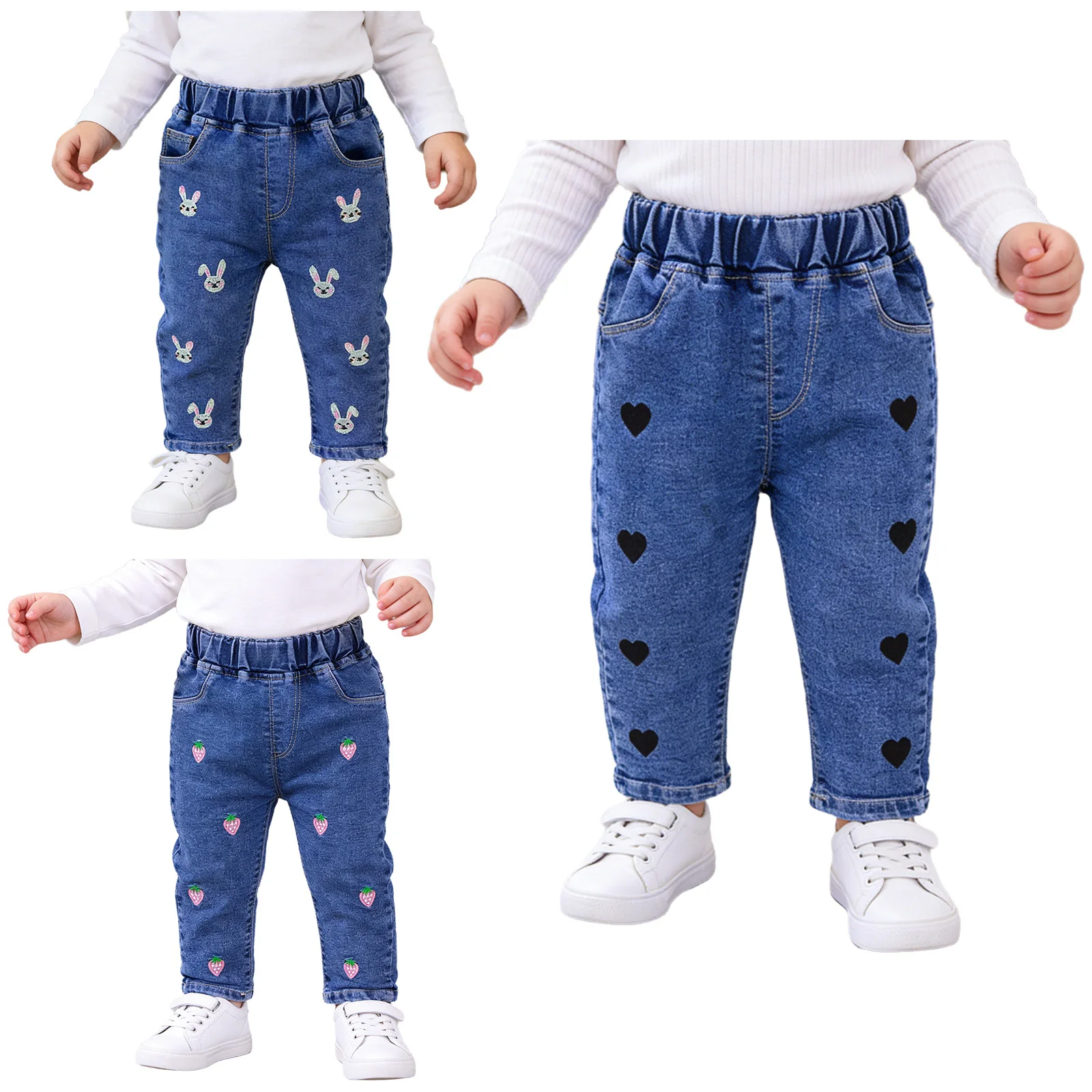 

Детские джинсы для девочек с милой вышивкой, повседневные джинсовые брюки с эластичным поясом, весенне-осенние брюки, детская одежда на каждый день