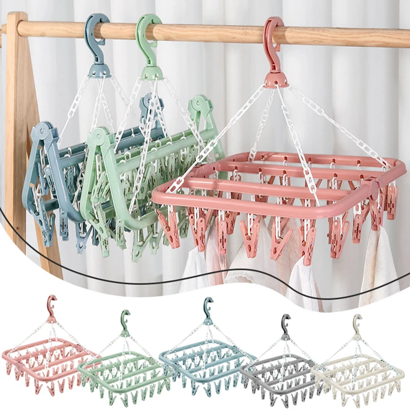 

32 Clips Folding Clothes Dryer Hanger Windproof Socks Underwear Drying Rack Household Children Adults Storage Laundry Rack 1PC