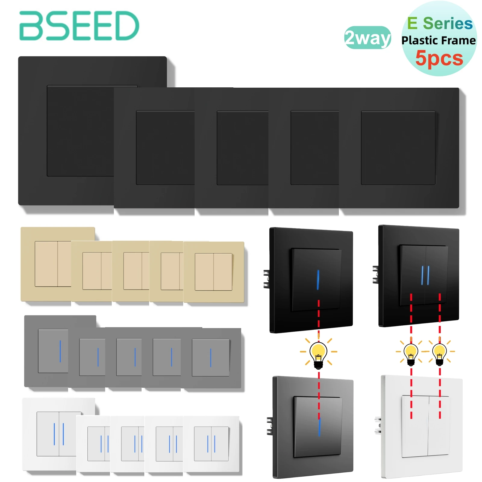

Bseed 1/2 Gang 2-позиционный кнопочный переключатель с индикаторной лампой 5 шт./компл. стандарт ЕС домашний пластиковый переключатель черный, белый, золотой, серый