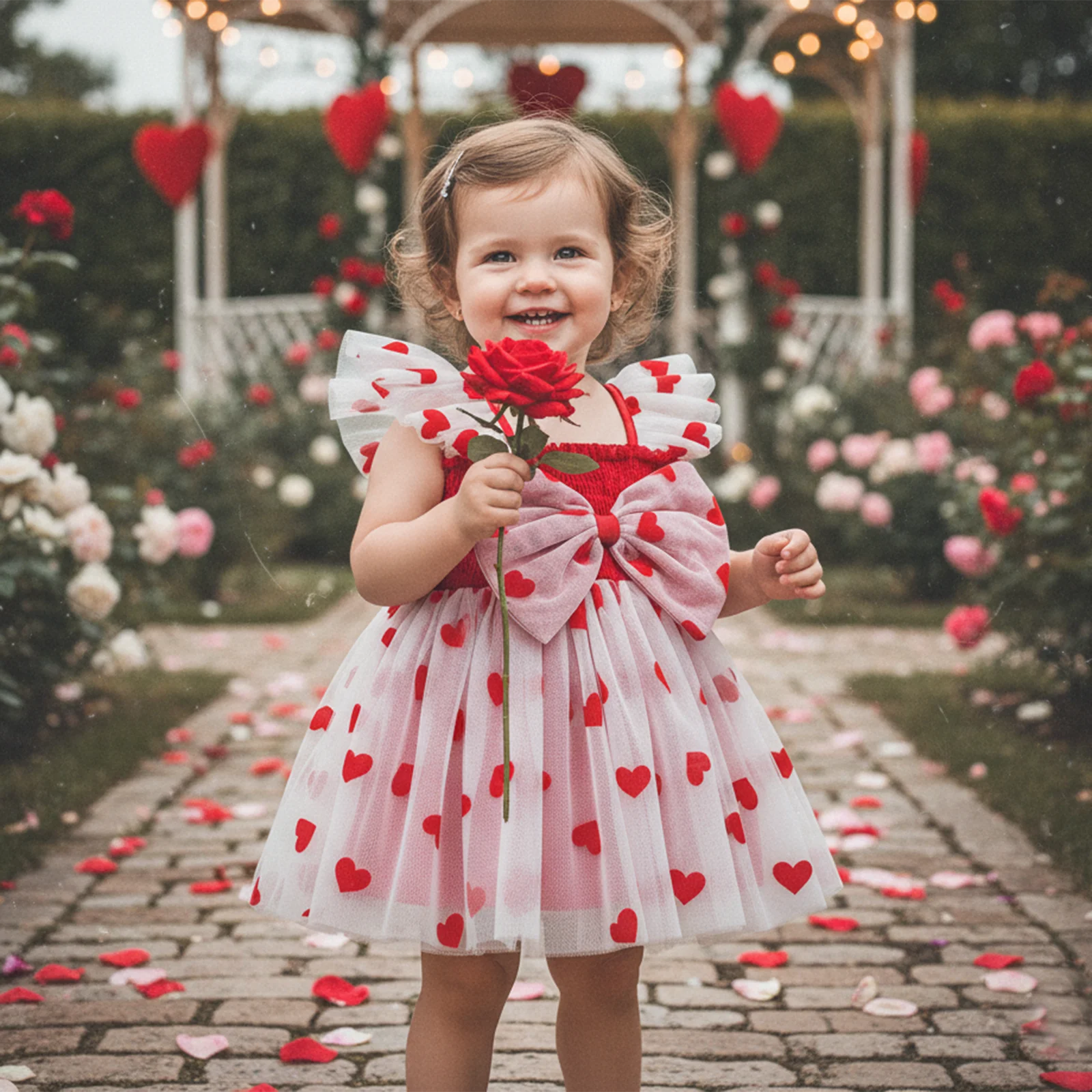 1-4Y Toddler Girls Tulle Mesh Lace Princess Dress Heart 3D Bow Flutter Sleeve A-Line Valentine's Day Tutu Party Dresses