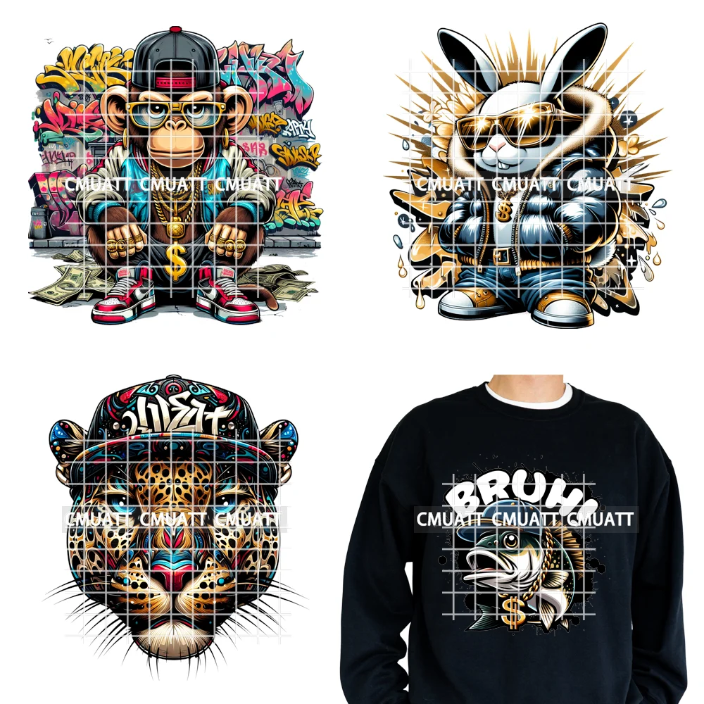 

12in Gangster Urban Hip Hop Bruh Monkey Bunny Animals Lover Iron on DTF Thermal Transfers Stickers Ready to Press for Clothes