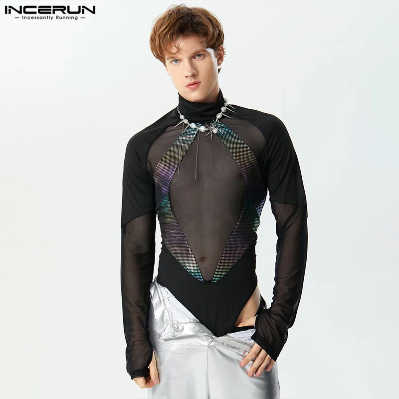 Incerun-Bodysuit de gola alta brilhante masculino, patchwork de malha, manga comprida, macacão masculino magro, moda transparente, S-3XL, 2024