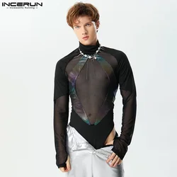 Men's Bodysuits Mesh Patchwork Shiny Turtleneck Long Sleeve Skinny Male Rompers Transparent 2024 Fashion Bodysuit S-3XL INCERUN