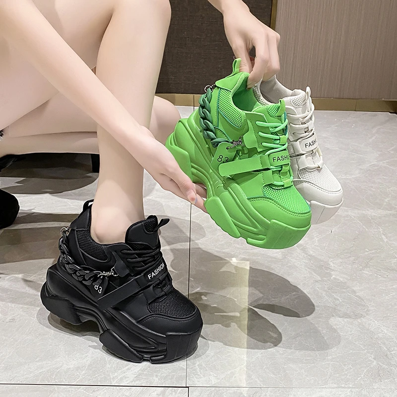 Autumn Women Chunky Sneakers Breathable Mesh Casual 10CM Wedge Heels Platform Footwear Chaussures Femme Sport Dad Shoes New 2022