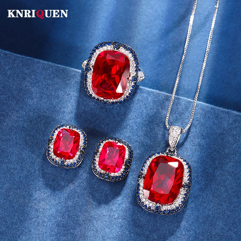 

Vintage 12*16mm Ruby Necklace Pendant Rings Earrings Gemstone Wedding Party Fine Jewelry Sets for Women Birthday Gift Wholesale