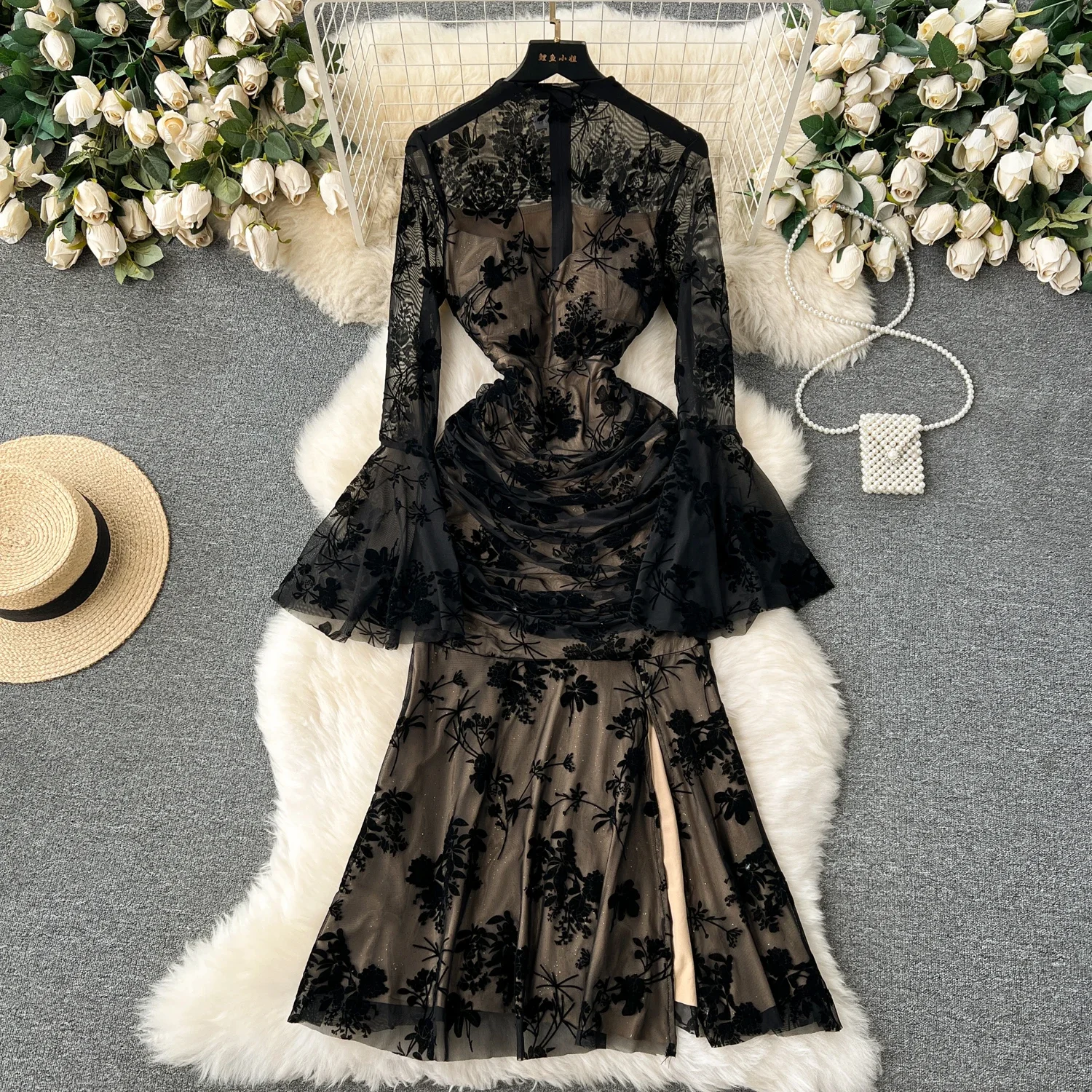 Elegant Long Flare Sleeve Vintage O-neck Chic Mesh Print Slim Split Mermaid Dresses Evening High Street Autumn Winter Clothing