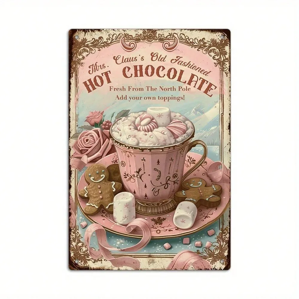 Letrero Metálico Decorativo Retro de la Barra de Chocolate Caliente de la Señora Claus para el Hogar o Cafetería