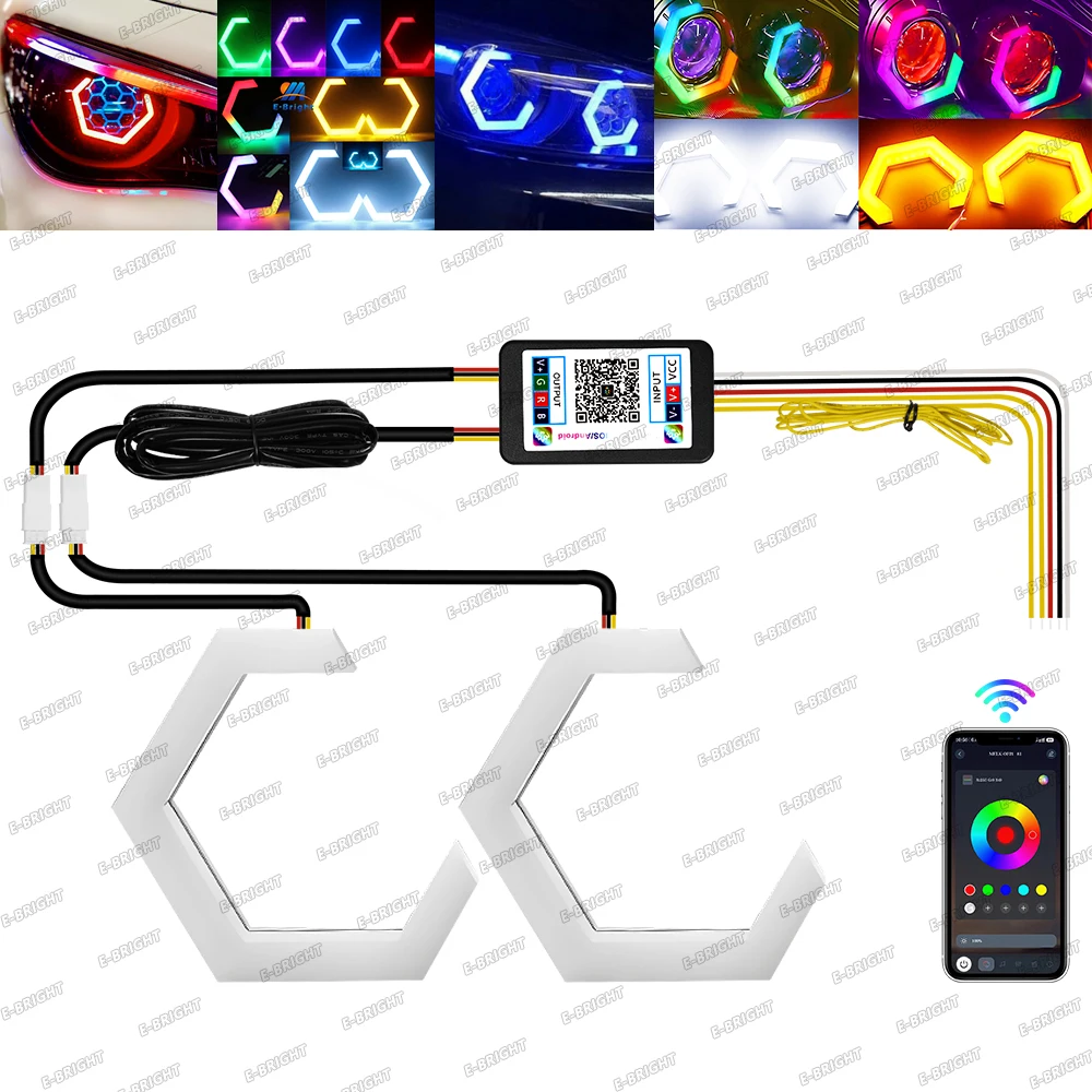 

24V 12V RGB Lotus Lamp APP Control Hexagon Angel Eyes Rings Car Motorcycle Headlight Switchback White DRL Amber Turn Light