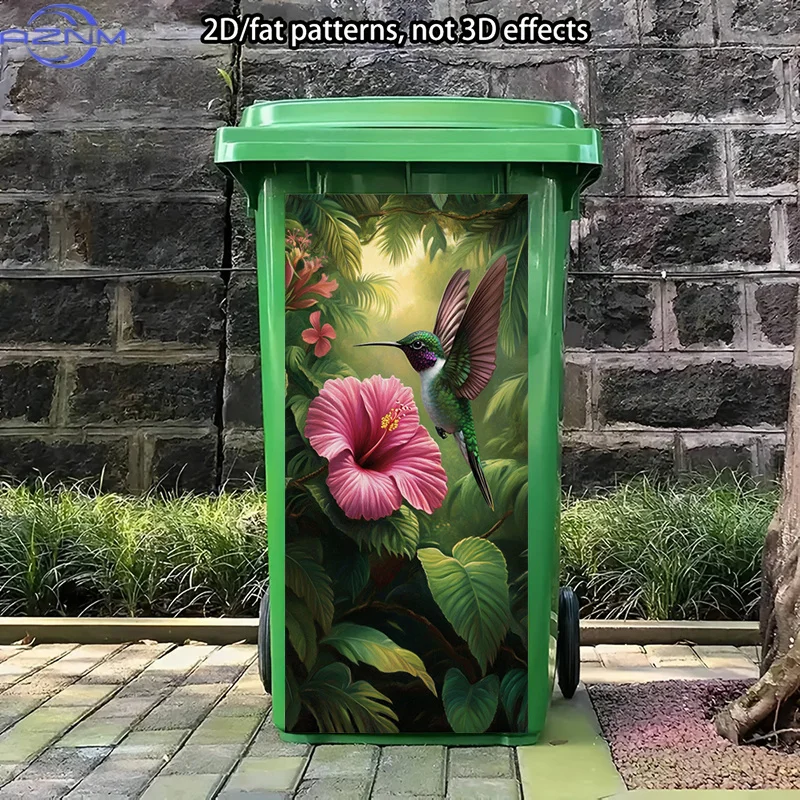 1pc 2D Flat Tropical Hummingbird Trash Can Sticker | Hibiscus Flower, Gorgeous Self-Adhesive Art Stickers, Lush Greenery, Idea