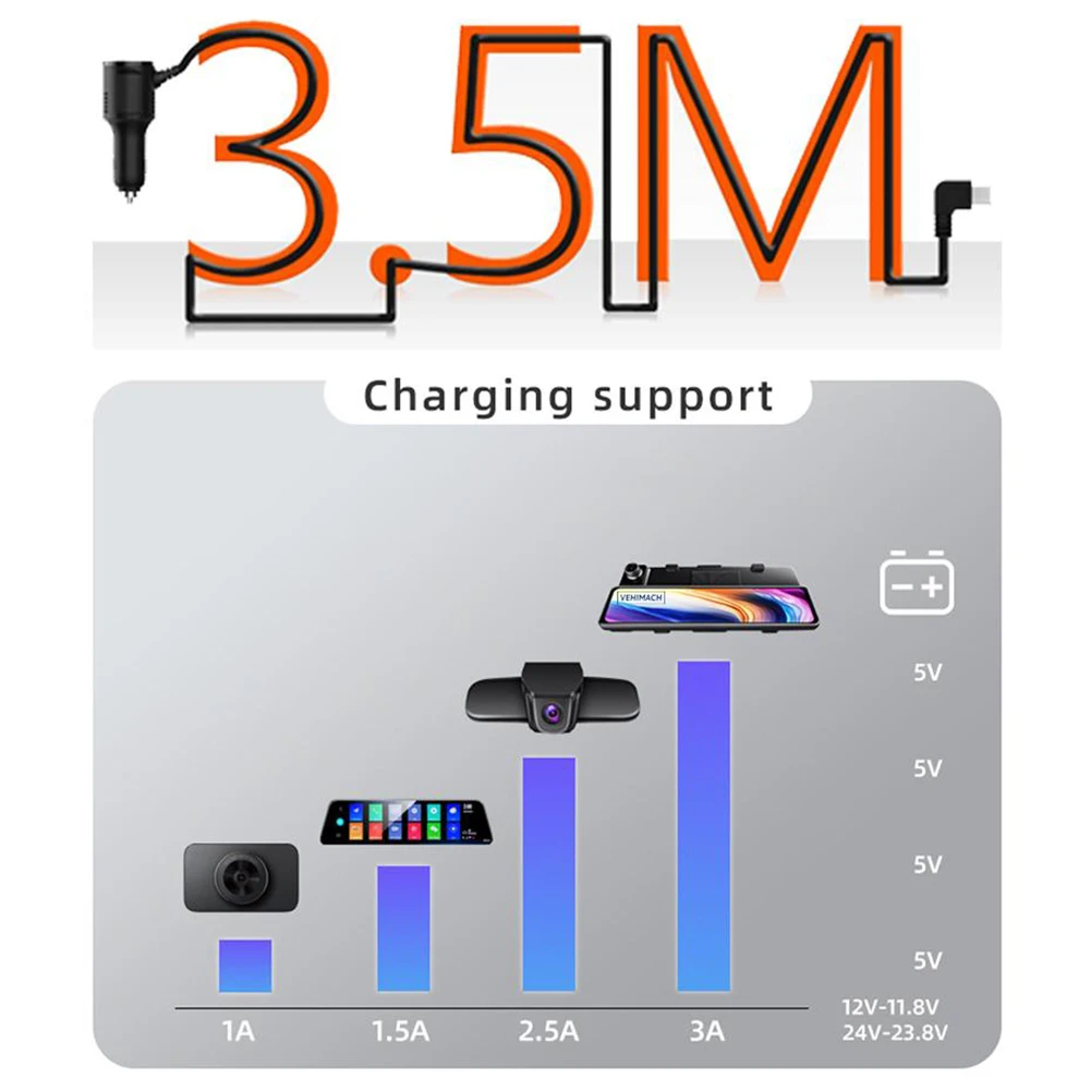 3-rodzaje kabli do ładowania DVR Kamera samochodowa Ładowarka samochodowa Mini kabel USB Przewód zasilający Micro USB Ładowarka samochodowa 12-24 V do kamery DVR GPS — zdjęcie 5