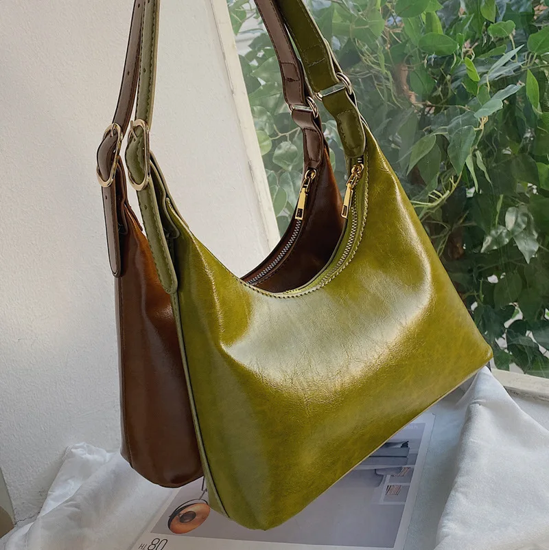 Vintage PU Leather Female Shoulder Bag 2024 Trend Green Underarm Bags for Women Minimalist Luxury Designer Small Handbag