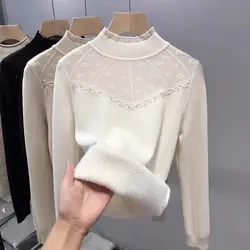 Autumn Winter Women Stylish Beaded Velvet Thick Warm Basic Knitted Sweater Solid Half High Collar Long Sleeve Slim Pullover Tops