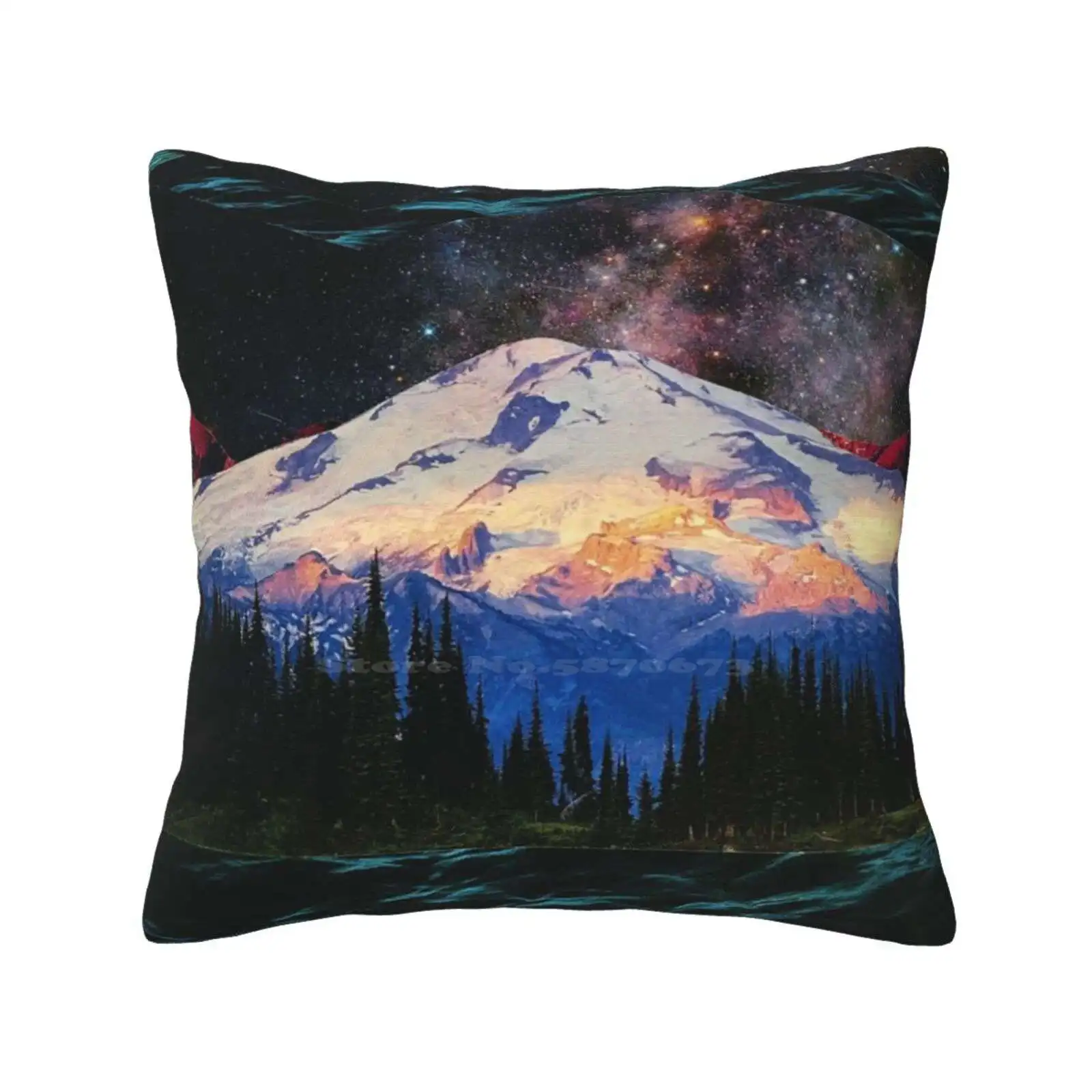 Blue Ridge Mountains Funny Cute Decor Square Pillowcase Mountains Stars Waves Nature Collage Analog Surreal Winter