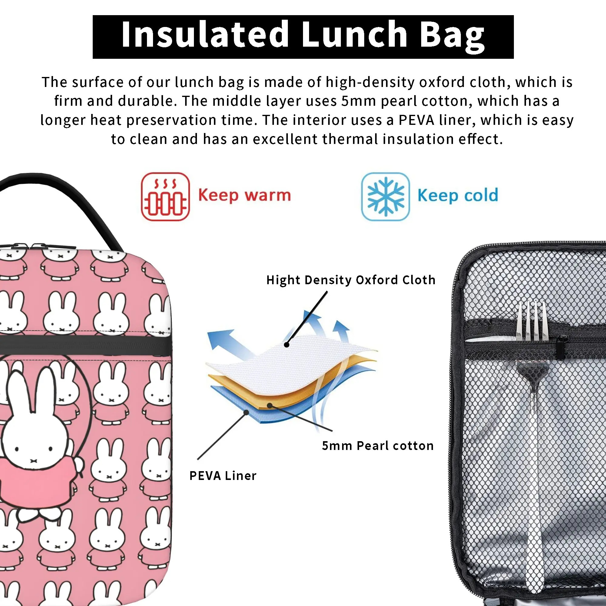 Kawaii M-Miffy Insulated Lunch Bags Large Meal Container Cooler Bag Tote Lunch Box Beach  Travel Girl Boy view 5
