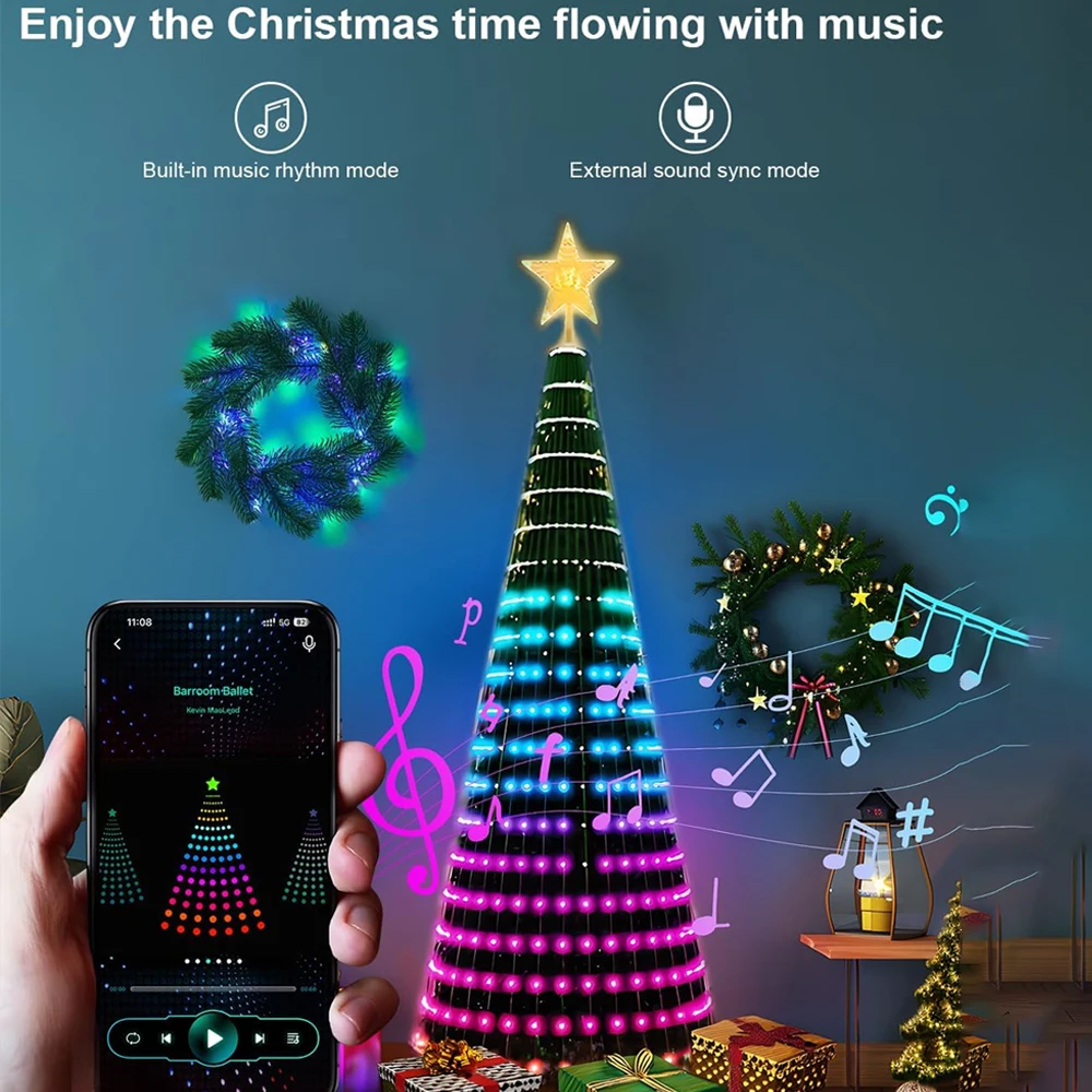Smart Christmas Tree Lights, DIY Color Changing Waterfall Xmas Tree Lights with Ring & Top-Star, RGB-IC Dynamic String Light