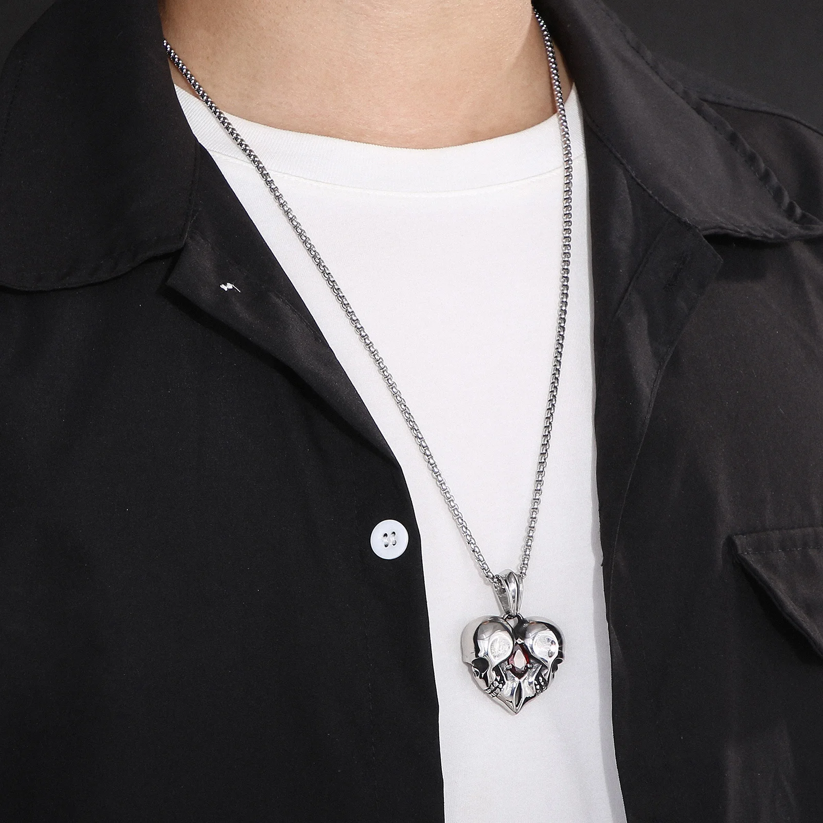 Stainless Steel Love Heart Skull With Red Gemstone Pendant Necklace