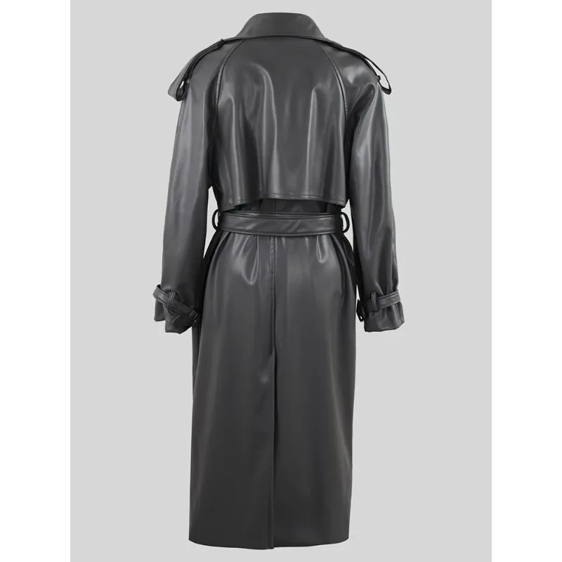 2023 New Women Belt Double Breasted Loose Luxury Overcoat Spring Autumn Long Cool Black Pu Leather Trench Coat Long Warm Jacket