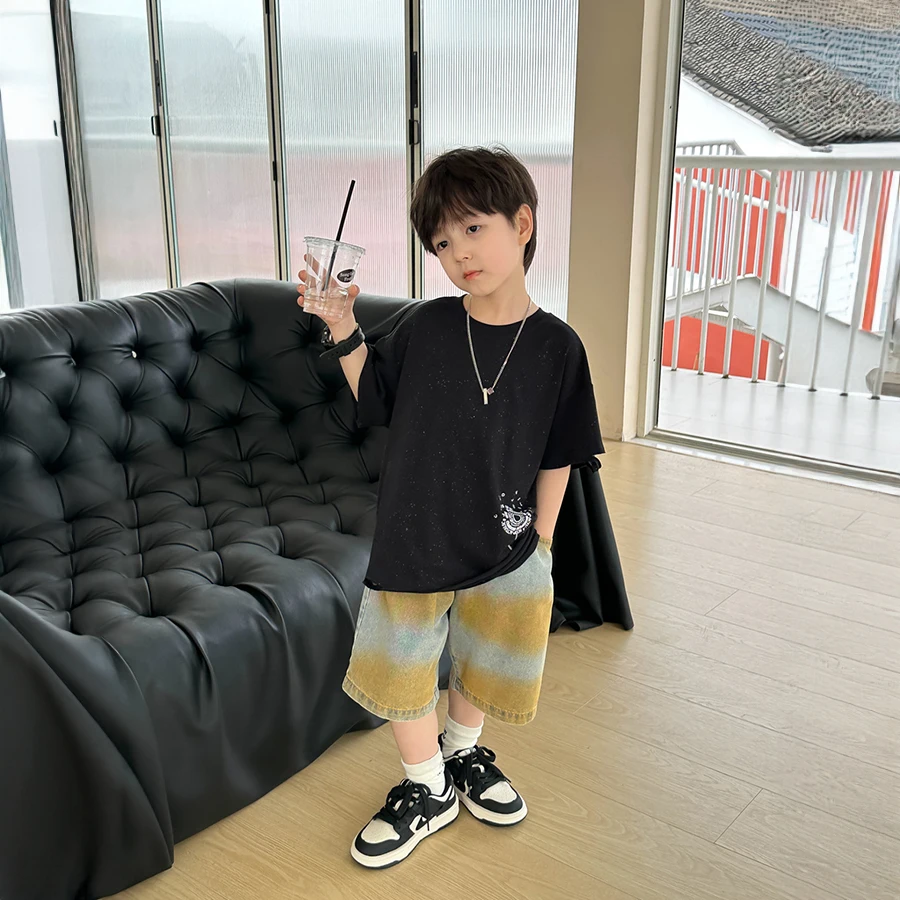 Children's Plain T-shirt boys' 2024 Summer's new printed casual short-sleeved korean-style all-in-one T-shirt trend