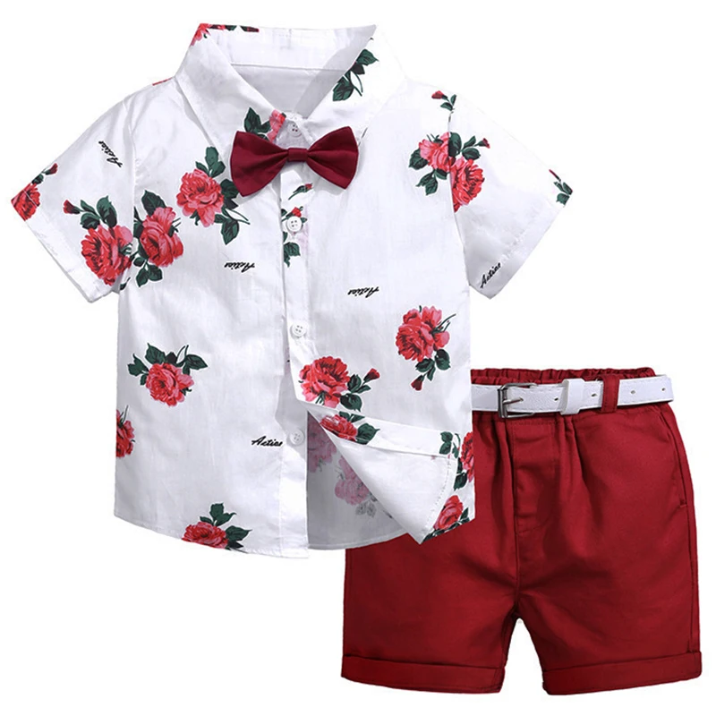 

3Piece Summer Outfit Boys Boutique Clothing Fashion Gentleman Bow Short Sleeve Cotton Baby Tops+Shorts+Belt Kids Clothes BC1836