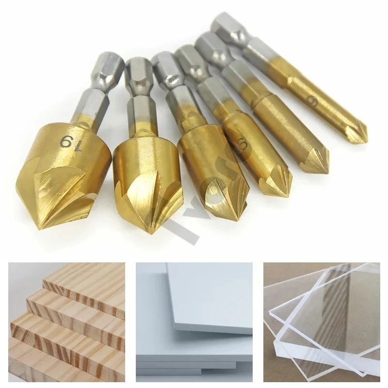 3/6pcs Countersink Drill Bit Set 1/4'' Hex Shank HSS 5 Flute Countersink 90 Degree Wood Chamfering Cutter 6mm-19mm Wood Drilling