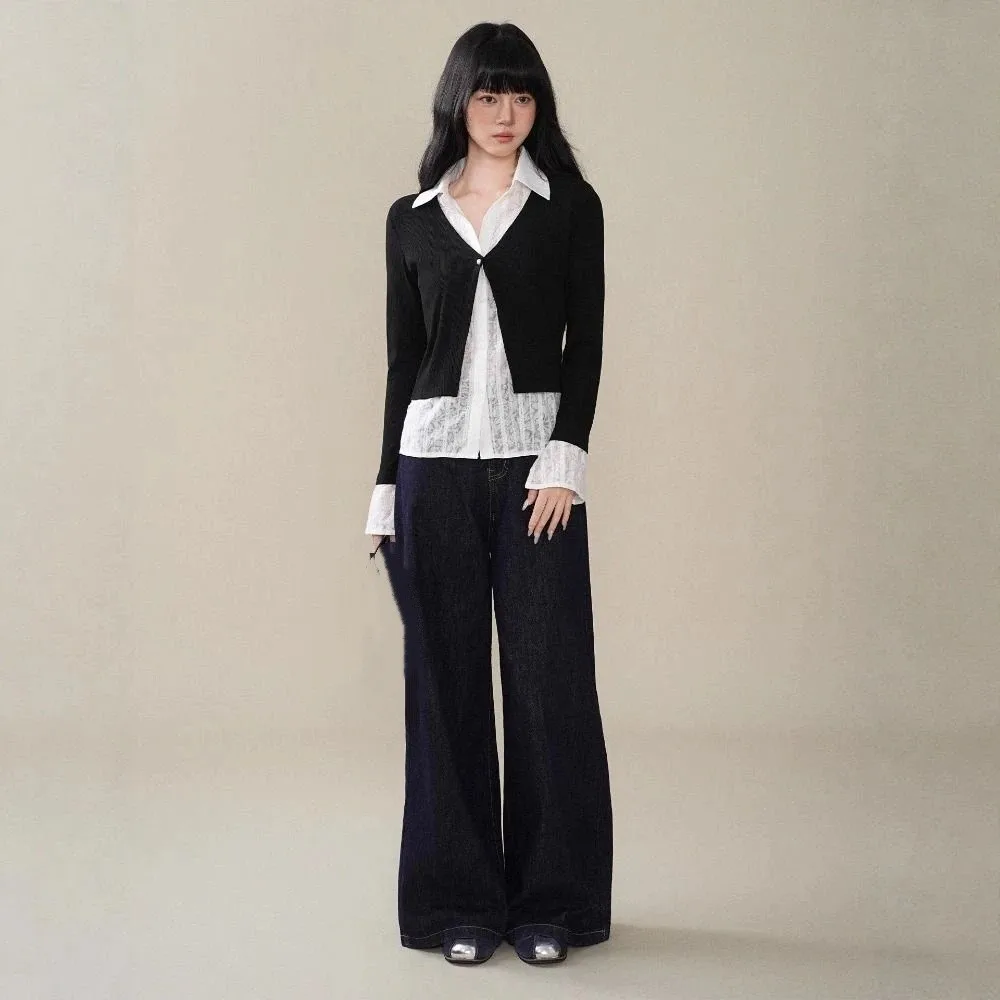 Slim Fit False Two-piece Top Flip Collar Korean Style Lace Shirts Knitwear Cardigans Patchwork Knitted Top Women Party