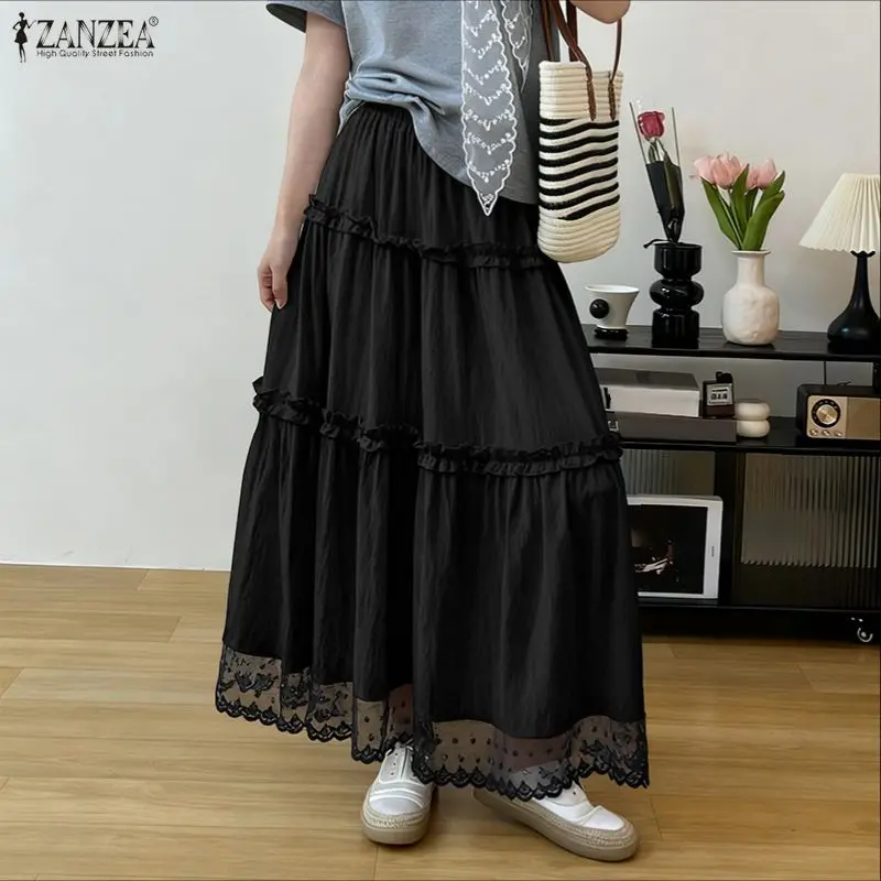 2026 ZANZEA レディース レース マキシスカート ファッション 夏 エラスティックウエスト ジュープ ファルダス サイヤ ハイウエスト フリル ソリッド カジュアル ルーズ ボトムス
