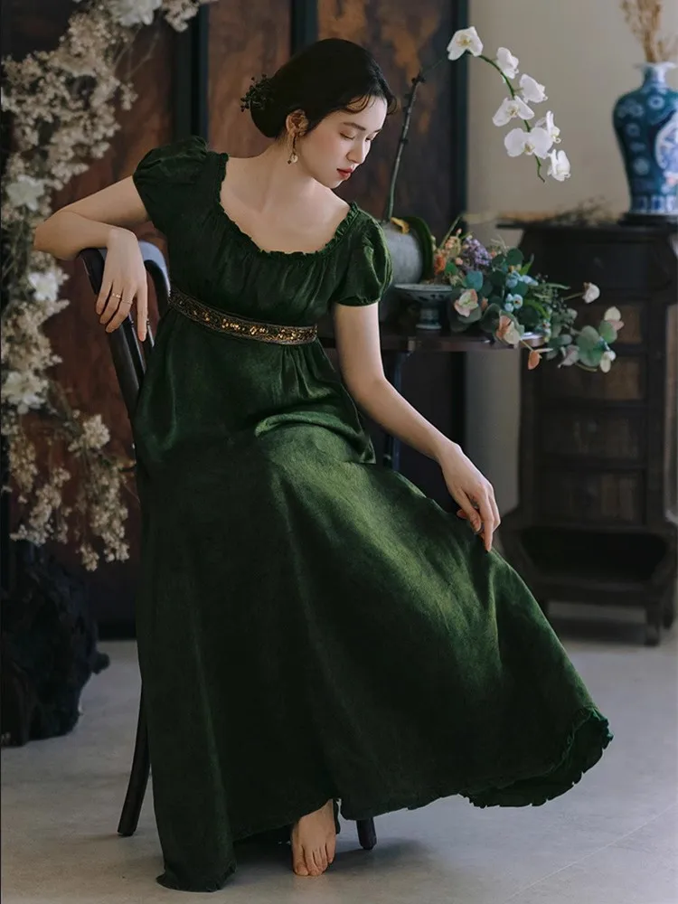 84-96 cm Abito lungo verde busto Abito stile corte vintage da donna Elegante collo quadrato sottile Perline Paillettes Abito imperiale a vita alta