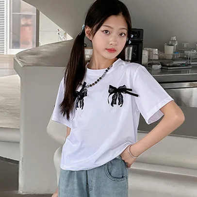 

Girls Short Sleeve 2024 Summer Korean Version Big Children Loose Bow All Match Short Simple Casual Style All-match T-shirt
