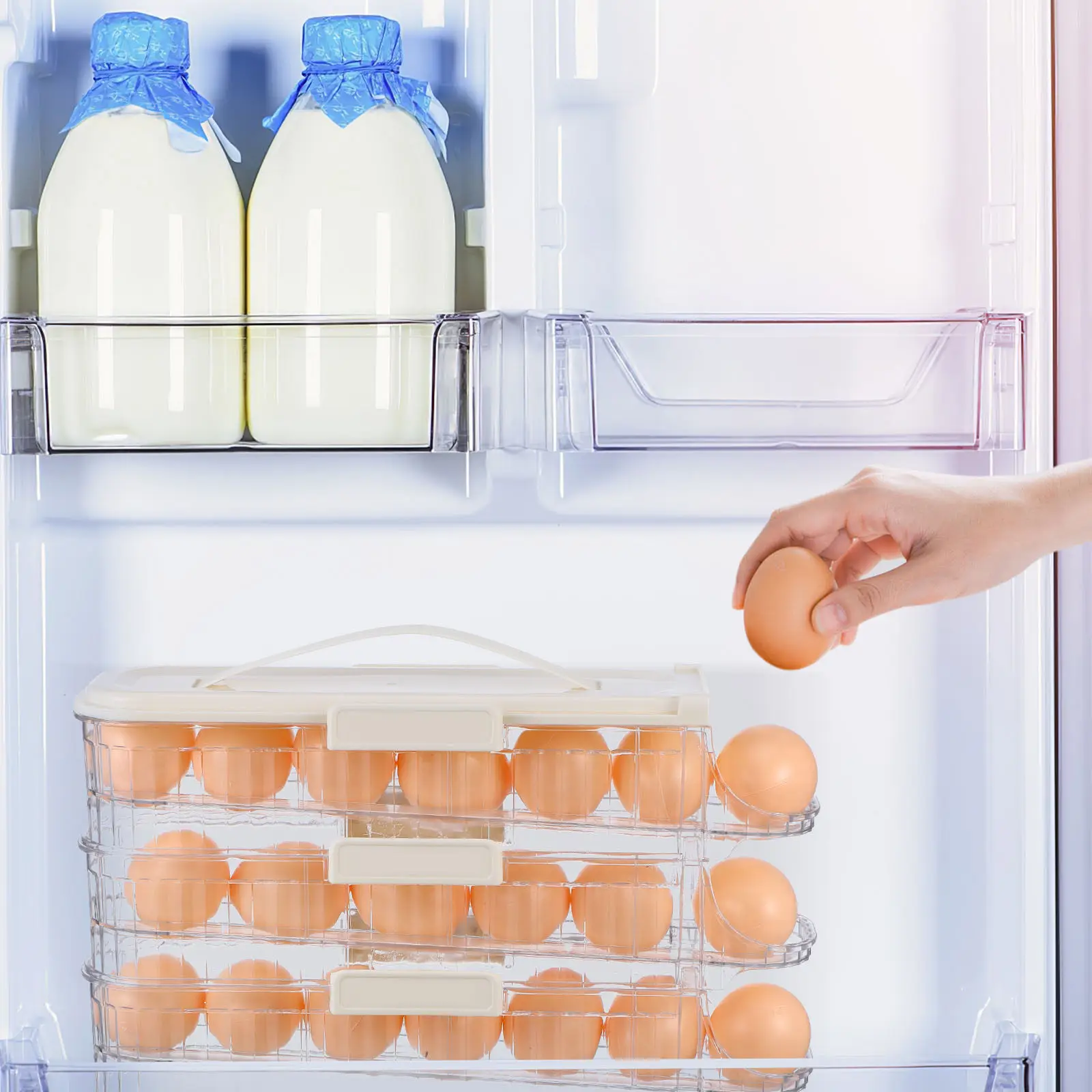 Triple Layer Rolling Egg Holder - Kitchen Egg Organizer for Fridge Door Egg Storage Container with Lid Egg Tray for Refrigerator