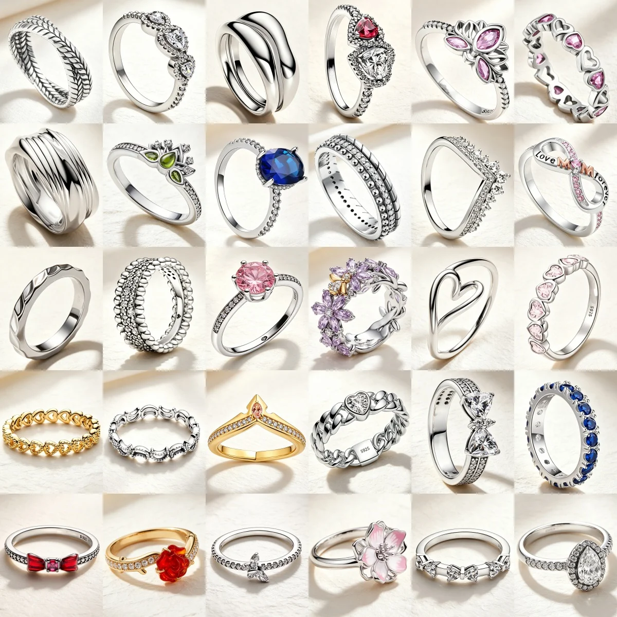 2026 Fashion 925 Silver Women's Ring Bow Pink Purple Flower Crown Crystal Stackable Wedding Ring Engagement Pair Ring
