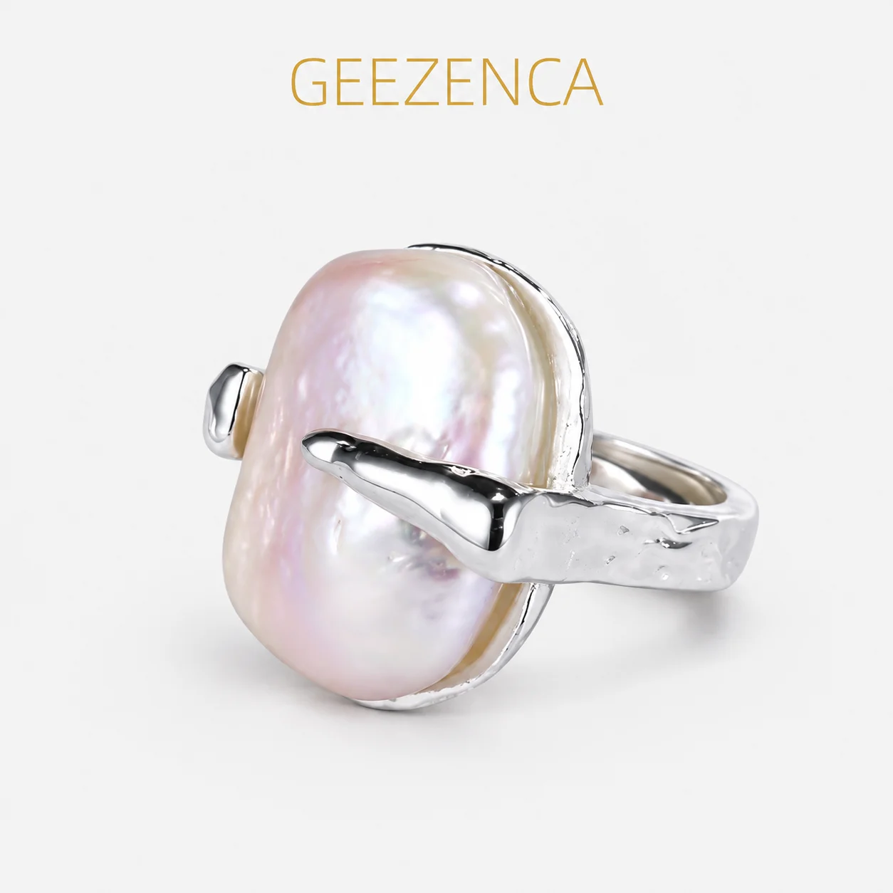 GEEZENCA Big Baroque Pearl 925 Sterling Silver Open Cocktail Rings For Women Wide Simple Trendy Chunky Statement Ring Party Gift